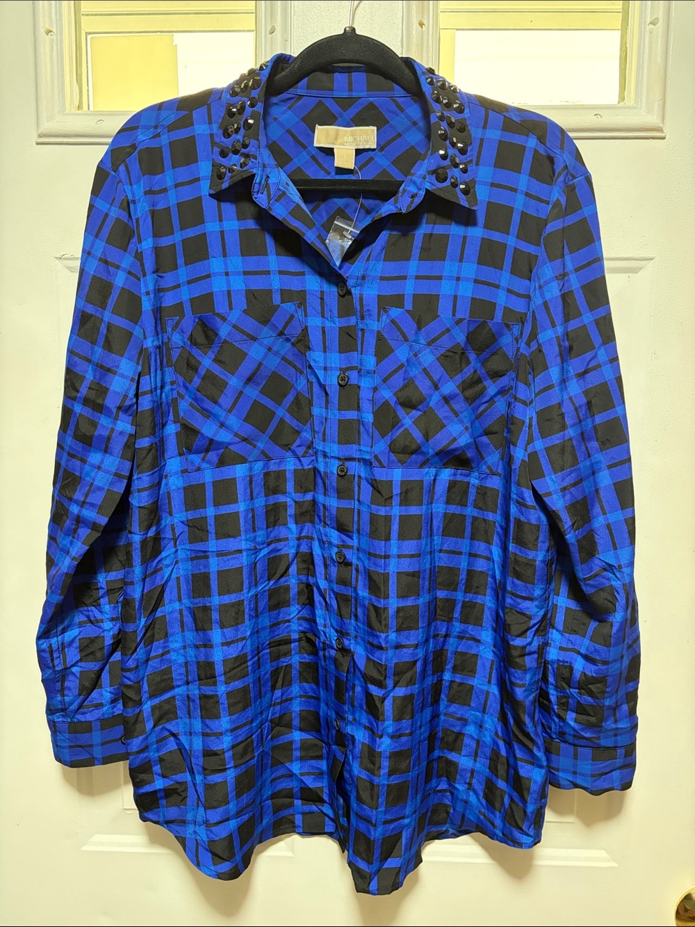 Michael Kors Black, Purple and Blue Plaid Stud-Collar Button-Down Shirt